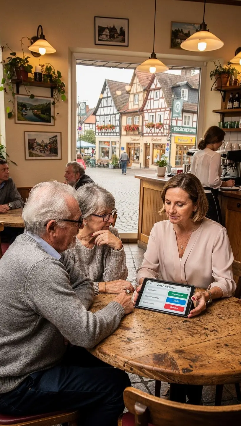 Familie, die gemeinsam Auto fährt, während sie über Versicherungsoptionen diskutiert.